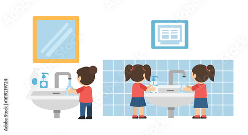 Illustration of a young girl washing her hands at a bathroom sink, demonstrating proper hygiene and cleanliness.