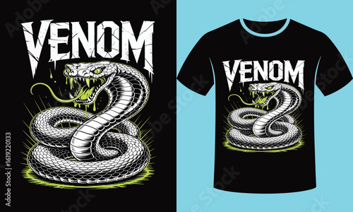 Coiled viper with dripping venom and sharp fangs snake