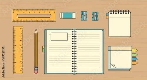 Flat lay illustration of organized office supplies and stationery on a wooden desk background