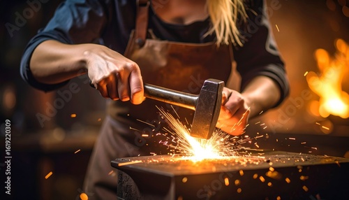 Female Blacksmith's Focused Strike Ignites a Shower of Fiery Sparks