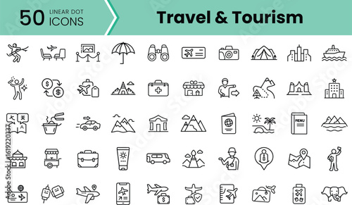 A collection of 50 linear icons representing travel and tourism, featuring beach elements, landmarks, and travel accessories, all in a minimalist design.