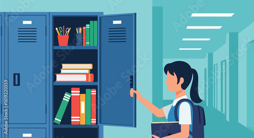 Schoolgirl Opening Locker Filled with Books and Supplies Back to School Education Illustration