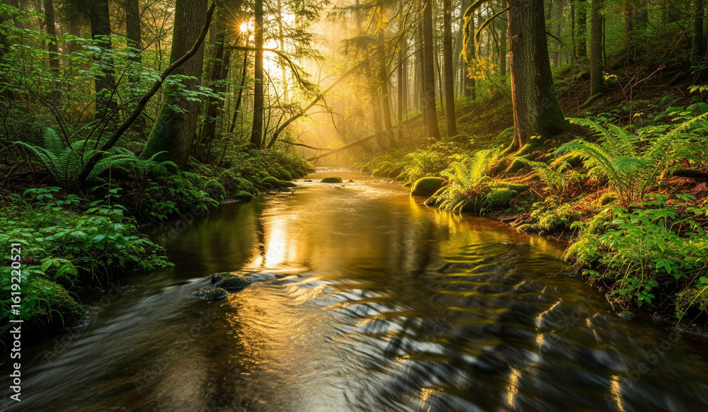 Fototapeta premium Stunning sunlit forest stream inviting peaceful reflection and outdoor adventure in vibrant nature