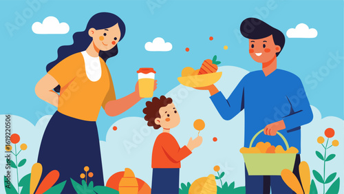 the mother serves hot croissants from a basket while the father pours juice. The children are animatedly telling stories leaning in with excitement against a backdrop of blooming