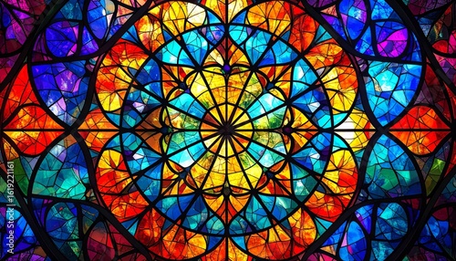 Radiant Kaleidoscope of Jewel-Toned Light in a Symmetrical Stained Glass Window
