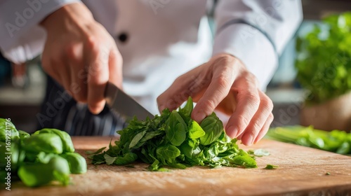Close-up view of fresh basil being chopped on a wooden cutting board.