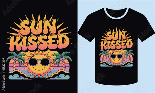 Retro sun with sunglasses and palm trees on a beach vector