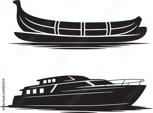 Ancient viking longship contrasted with modern motor yacht silhouettes