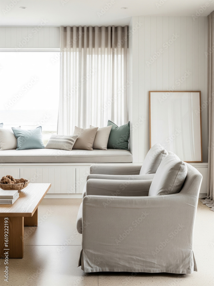 Obraz premium Mockup poster frame in modern coastal living room with neutral armchairs, wood coffee table, and window seat with pastel cushions