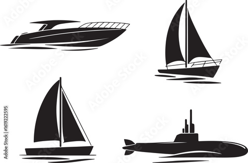 Diverse nautical vessels illustrated with bold black silhouettes