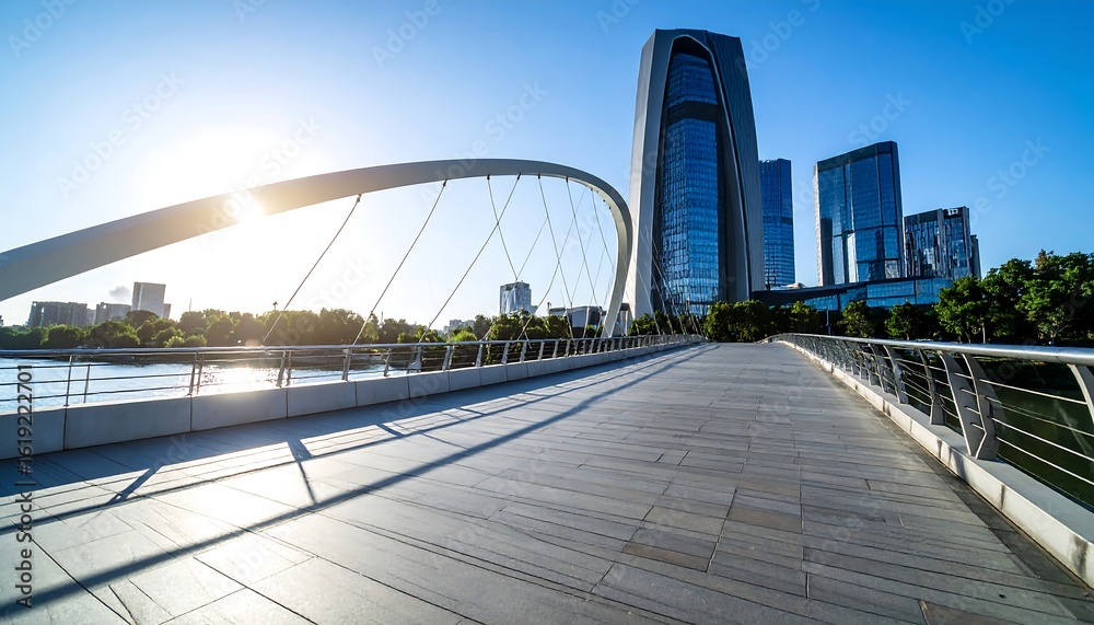 Obraz premium Cityscape panorama with modern architectural bridge and urban financial district skyline
