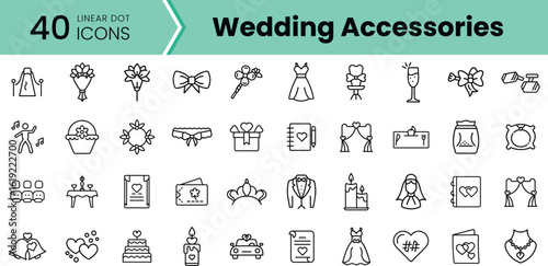 A collection of 50 linear dot icons representing various wedding accessories, including dresses, rings, and decorations, featuring a minimalist design aesthetic.