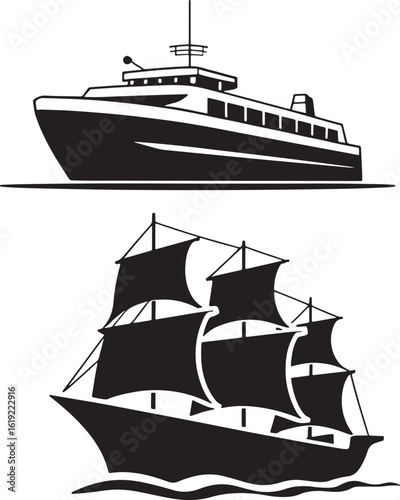 Vintage sailing ship and modern ferry boat silhouettes