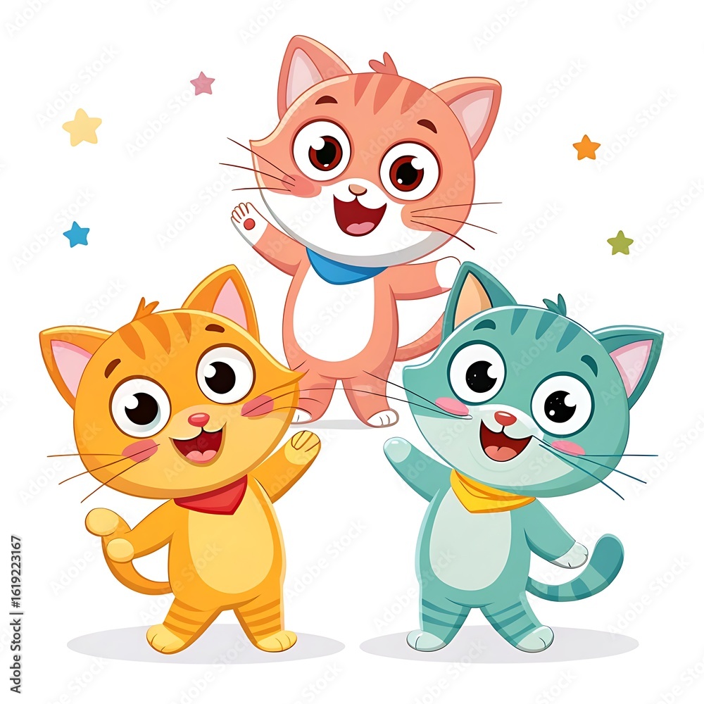 Fototapeta premium Three playful cartoon cats in orange blue and pink waving with stars kitten cute