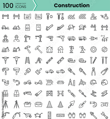 A diverse collection of 100 linear icons illustrating various construction tools and equipment, including drills, hammers, and safety gear, showcasing industry essentials.