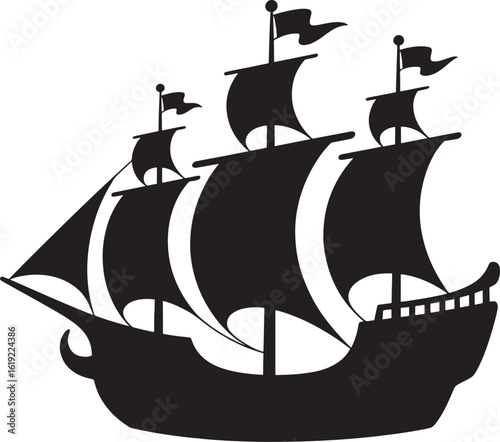 Silhouette of a majestic three masted sailing ship with billowing sails