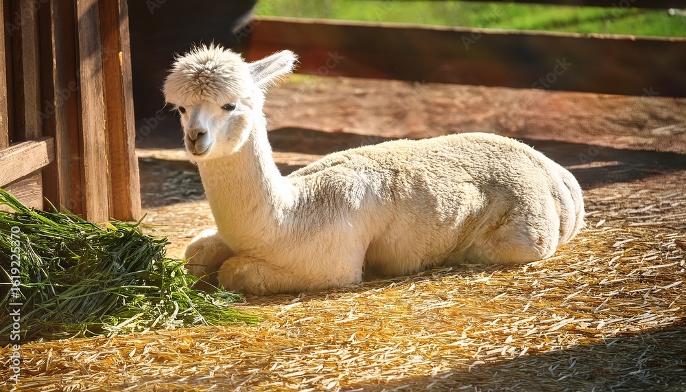 Obraz premium a white alpaca lying down on wood shavings and eating green grass in the sunshine