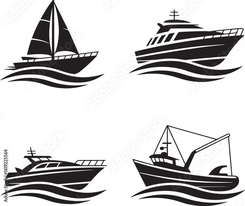 Four distinct nautical vessels sailing on wavy waters