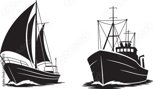 Two black silhouette ships sailing on white background
