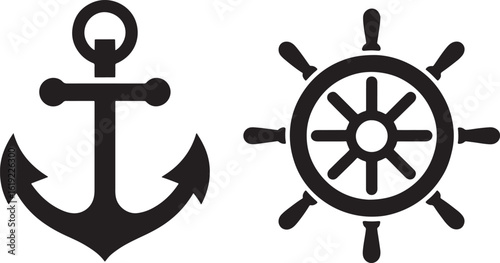 Classic nautical symbols anchor and ship s wheel silhouette design