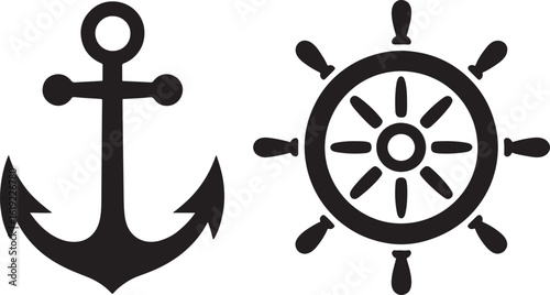 Classic nautical symbols anchor and ship s wheel silhouette