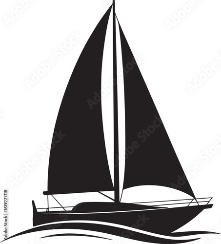 Elegant silhouette of a black sailboat on wavy water