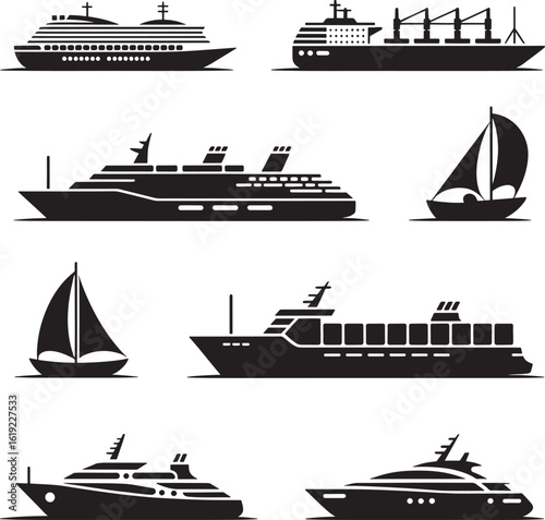 Collection of diverse ship silhouettes on a white background