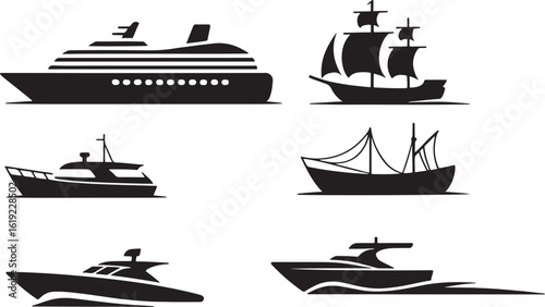 Collection of diverse ship silhouettes from modern to historic vessels