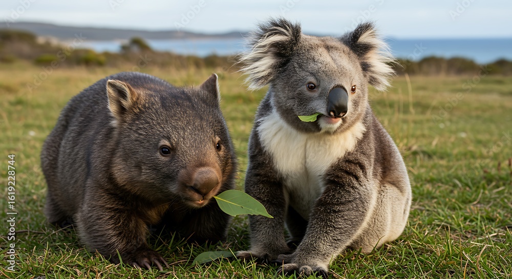 Obraz premium A Wombat and a Koala Munching on Leaves in a Beautiful Australian Landscape, An Adorable Duo of Native Australian Animals Enjoying a Meal Together in the Wild