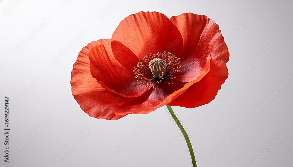 Fototapeta premium a beautiful single red poppy flower with a long green stem isolated on a white background depicting simplicity and elegance
