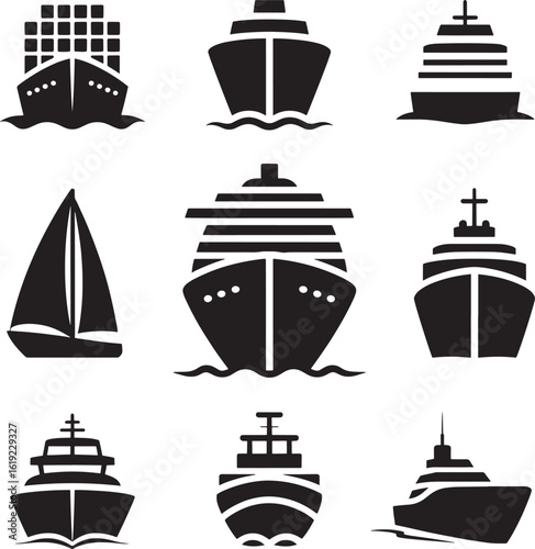 Collection of diverse ship silhouettes in black and white