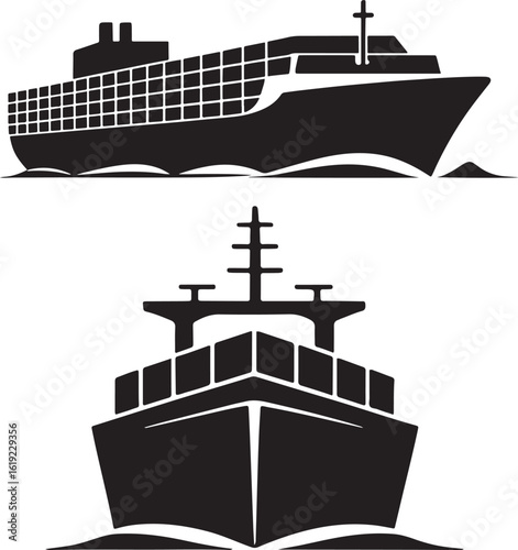 Two black silhouettes of cargo ships sailing on water