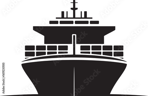 Front view silhouette of a large cargo ship loaded with containers