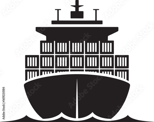 Front view silhouette of a large cargo ship carrying many containers