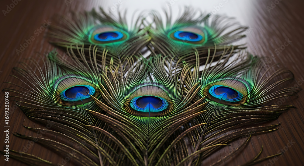 Obraz premium A vibrant fan arrangement of five iridescent peacock feathers with blue eye spots displayed on a dark wooden background.