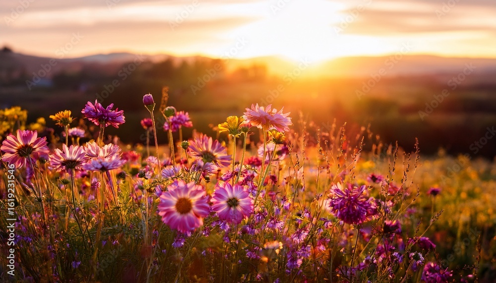 Obraz premium sunset wildflowers delicate pink and yellow wildflowers bathed in the warm golden light of the setting sun creating a serene and picturesque scene