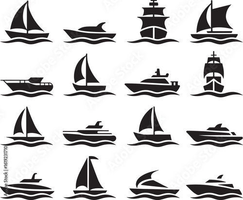 Collection of black silhouette nautical vessels on white background