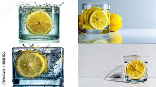 Four images showcasing a lemon slice submerged in a glass of water; two depict the moment of submersion with splashing water, while the other two show a still 