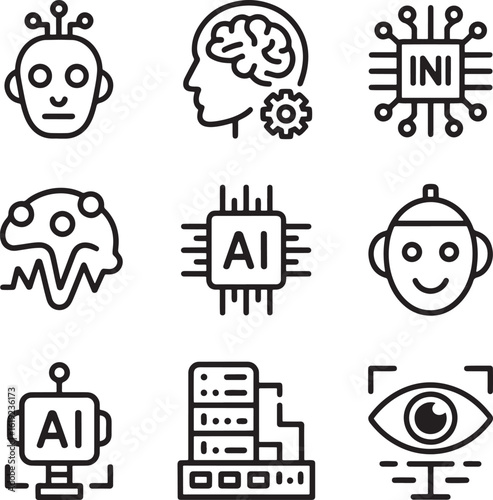 Artificial Intelligence Icons with Human Brain and Robot Heads