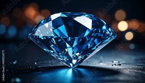 A brilliant-cut blue diamond rests on a dark surface, illuminated by bokeh lights