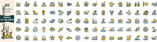 Collection of 85 colorful icons representing various aspects of marine conservation, featuring sea life, ecosystems, and environmental protection symbols.