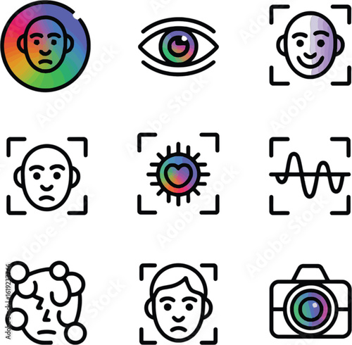Diverse human faces and technology icons face recognition eye scan