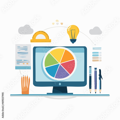 A creative digital workspace with a computer displaying a color wheel, surrounded by design tools and an idea lightbulb.
