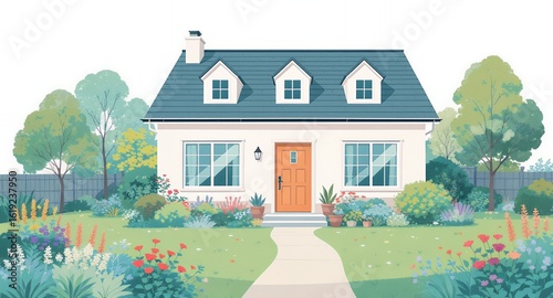 Suburban House with Garden Spring Landscape Illustration