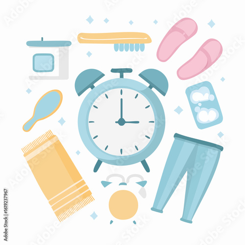 A charming illustration of morning and bedtime routine items, including an alarm clock, pajamas, and toiletries.