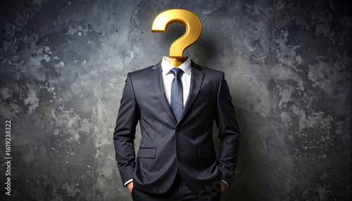 Unknown Identity: A striking conceptual image showcases a business professional, with a golden question mark replacing their head. The mysterious figure stands confidently.