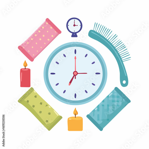 A clock at seven o'clock is surrounded by self-care items like hair rollers, a brush, and candles, symbolizing time for a beauty routine.