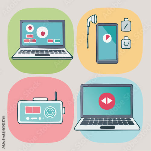 Four distinct digital devices, including two laptops, a smartphone with earbuds, and a vintage radio, displayed in colorful circular frames, representing mod...
