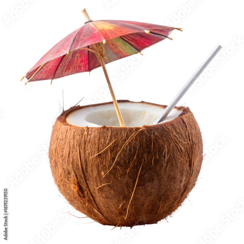 Coconut drink with umbrella and straw isolated on transparent background