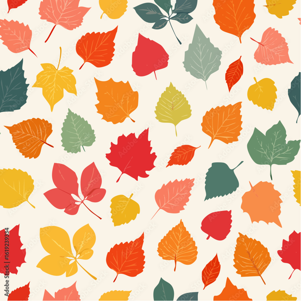 Obraz premium Seamless pattern of colorful autumn leaves in various shapes and sizes scattered on a light background.